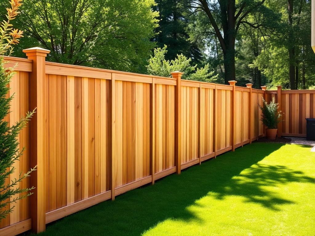 New cedar privacy fence installed along a green backyard lawn