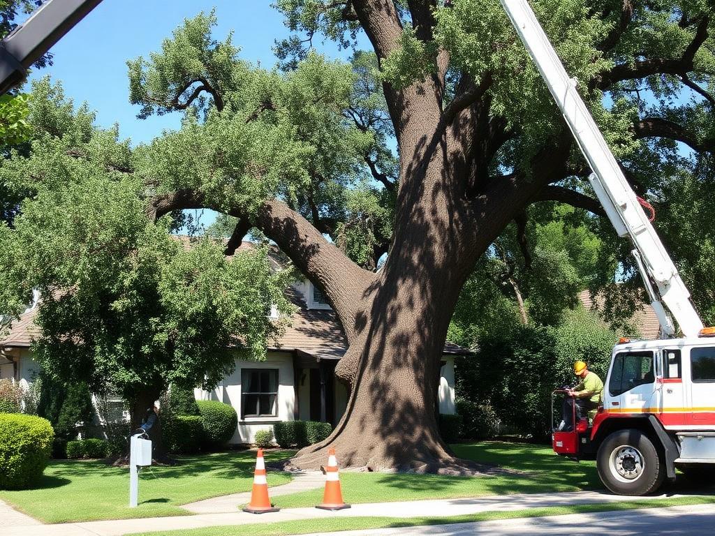 Crane-assisted removal of a large oak in a residential front yard with cones and crew