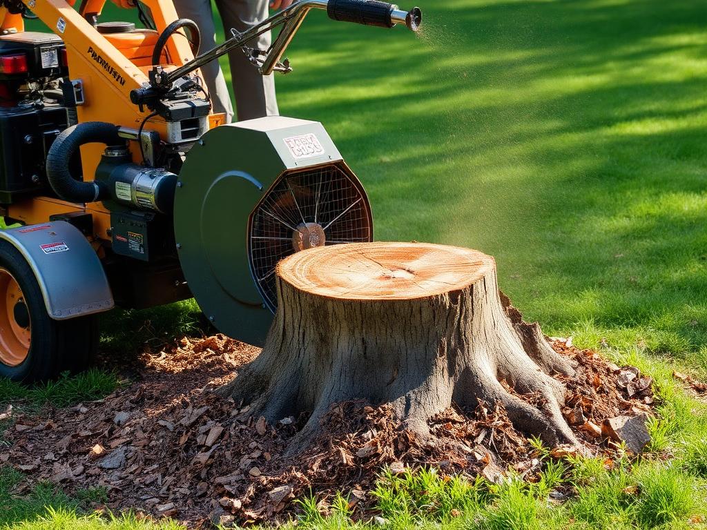 Stump grinder removing a large tree stump from a green lawn