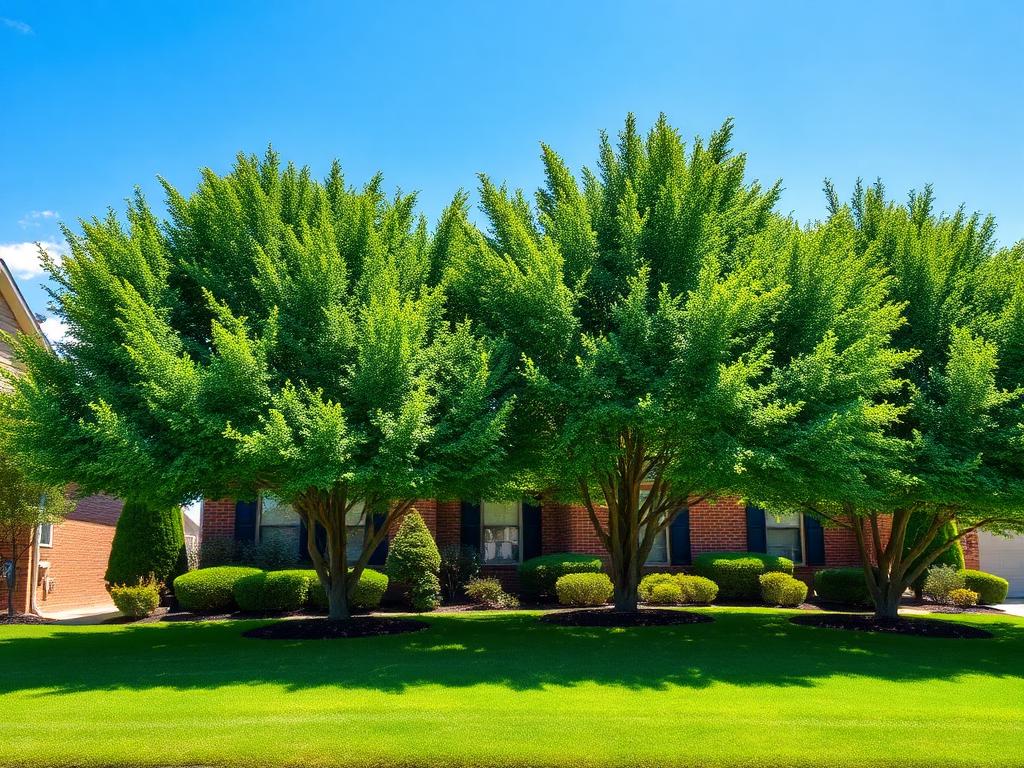 Freshly pruned mature shade trees in front of a brick home with clean lawn